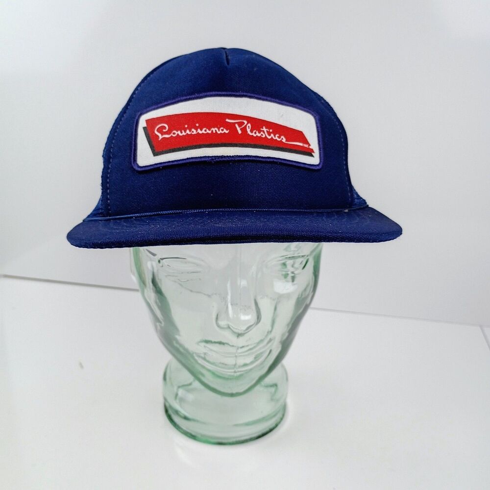 VTG Louisiana Plastics Trucker Hat Patch Blue Snapback